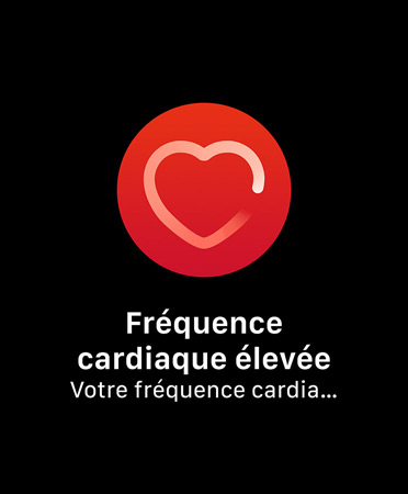 Interface affichant une notification de fréquence cardiaque élevée sur laquelle on peut lire : Fréquence cardiaque élevée Votre fréquence cardiaque a dépassé 120  BPM alors que vous sembliez être au repos depuis 10 minutes (début : 9 h 59)