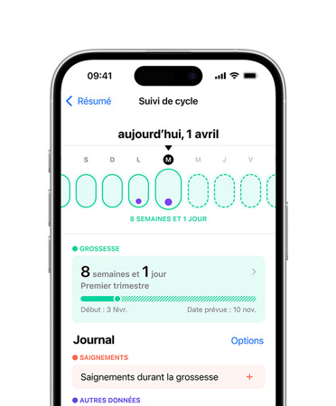 iPhone 16, vue de face, l’interface affiche Santé, Suivi de cycle