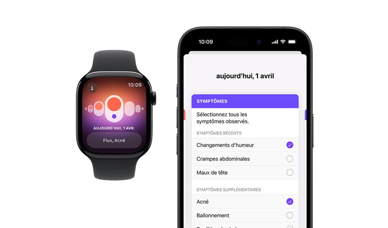 Apple Watch Series 10 avec bracelet Sport noir, vue de face, l’interface affiche Suivi de cycle, Règles, Enregistrement des symptômes ; à côté, un iPhone 16 vu de face, affiche Suivi de cycle, Enregistrement des symptômes, Règles