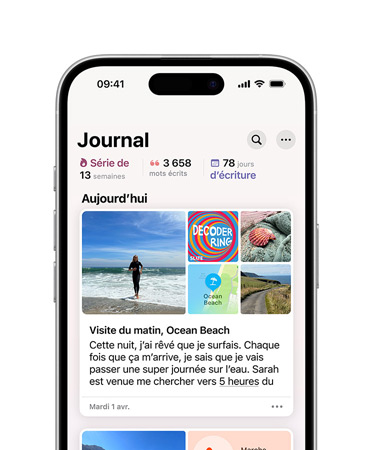 iPhone 16, vue de face, l’écran affiche Journal