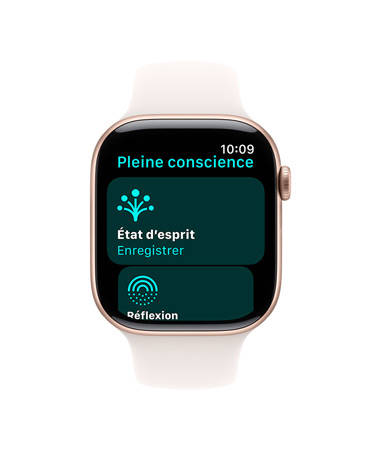 Apple Watch Series 10 avec bracelet Sport blanc, vue de face, l’interface affiche Pleine conscience, État d’esprit, Enregistrer