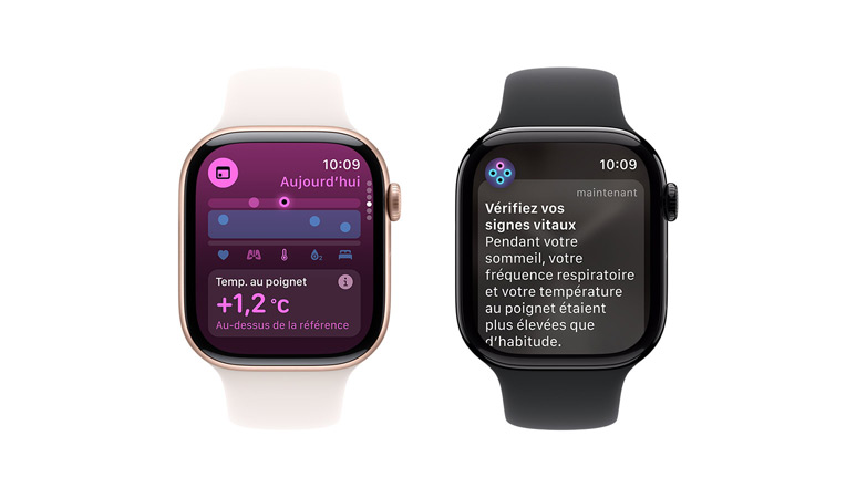 Apple Watch Series 10 avec bracelet Sport blanc, l’interface affiche Signes vitaux, Température au poignet ; à côté, une autre Apple Watch Series 10 avec bracelet Sport noir affiche Signes vitaux, Température au poignet, Fréquence cardiaque, Analyse.