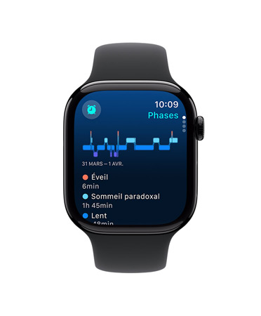 Apple Watch Series 10, vue de face, bracelet Sport noir, l’interface affiche « Sommeil », « Phases de sommeil », « Analyse » et « Temps de sommeil »