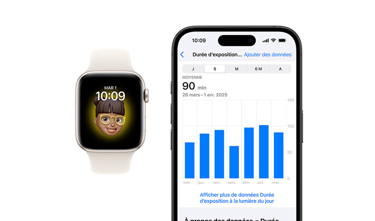 Apple Watch SE avec bracelet Sport blanc, vue de face, l’écran affiche Horloge, Memoji ; à côté, iPhone 16 vu de face, l’écran affiche Santé, graphique Temps passé à la lumière du jour
