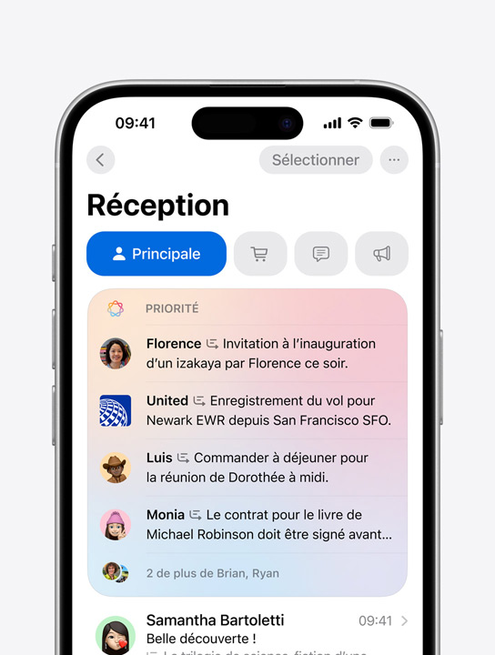 Écran montrant la fonctionnalité Messages prioritaires dans Mail