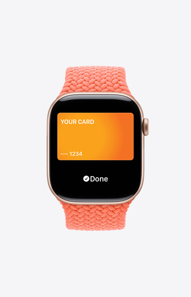 Η Apple Card που χρησιμοποιείται μέσω Apple Pay στο Apple Watch Series 10.