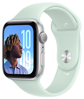 Ένα Apple Watch SE πάνω από δείγματα διαθέσιμων φινιρισμάτων: Αλουμίνιο σε Μαύρο του Μεσονυκτίου, Αλουμίνιο σε Αστροφεγγιά και Ασημί Αλουμίνιο.