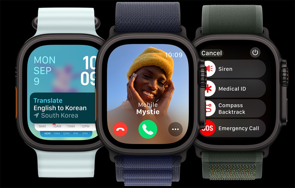 Τρεις οθόνες Apple Watch Ultra. Μία με το app Μετάφραση. Μία άλλη με μια εισερχόμενη κλήση. Και η τελευταία με τα εικονίδια Σειρήνα, Ιατρικό ID, Ιχνηλάτηση και Κλήση Έκτακτης Ανάγκης.