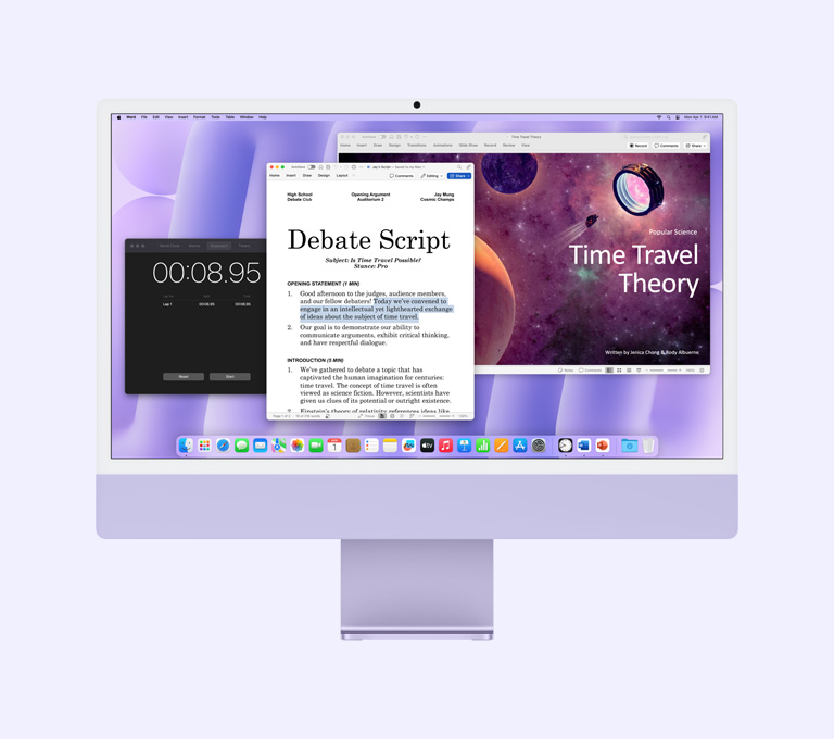 Μωβ iMac: Οθόνη εμφανίζει τα apps Microsoft Word, Microsoft PowerPoint και Ρολόι