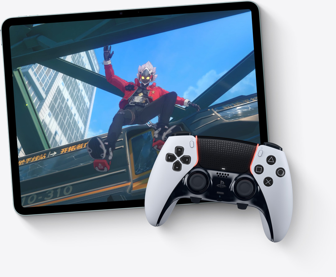 iPad Air, οριζόντιος προσανατολισμός, η οθόνη εμφανίζει το βιντεοπαιχνίδι Asphalt Legends Unite, χειριστήριο PlayStation