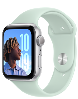 Apple Watch SE με κάσα από αλουμίνιο σε Ασημί και ένα Aquamarine (γαλάζιο/πράσινο) λουράκι Sport Band.