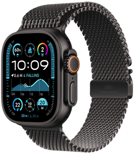 Apple Watch Ultra 2 με κάσα από μαύρο τιτάνιο και λουράκι Milanese Loop σε Μαύρο Τιτάνιο.