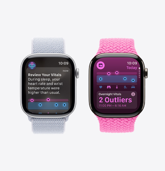 A review of your vitals notification on an Apple Watch Series 10 and the Vitals app showing overnight vitals with two outliers on an Apple Watch Series 10.