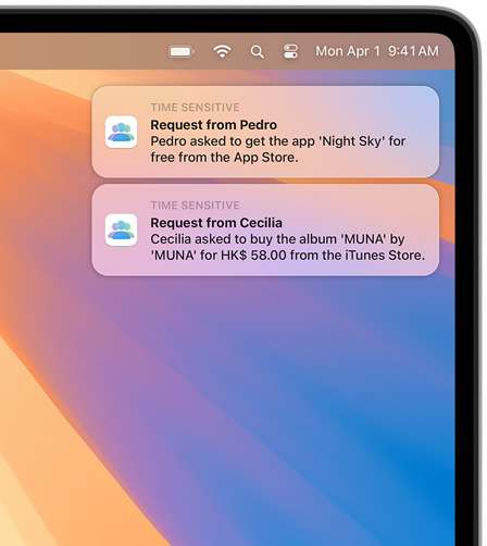 Mac 螢幕右上角出現兩個 macOS 的通知,均顯示購買要求,第一個是 App Store 的 Night Sky,第二個是 iTunes Store 的 MUNA 專輯。