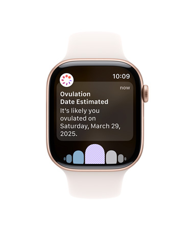Apple Watch Series 10 配白色運動錶帶的正面圖，用户介面顯示排卵和經期記錄