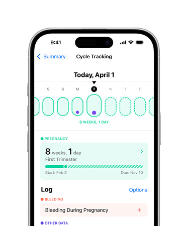 iPhone 16 的正面圖，用户介面顯示健康 app 的經期追蹤