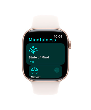 Apple Watch Series 10 配白色運動錶帶的正面圖，用户介面顯示靜觀 app 的心理狀態和記錄