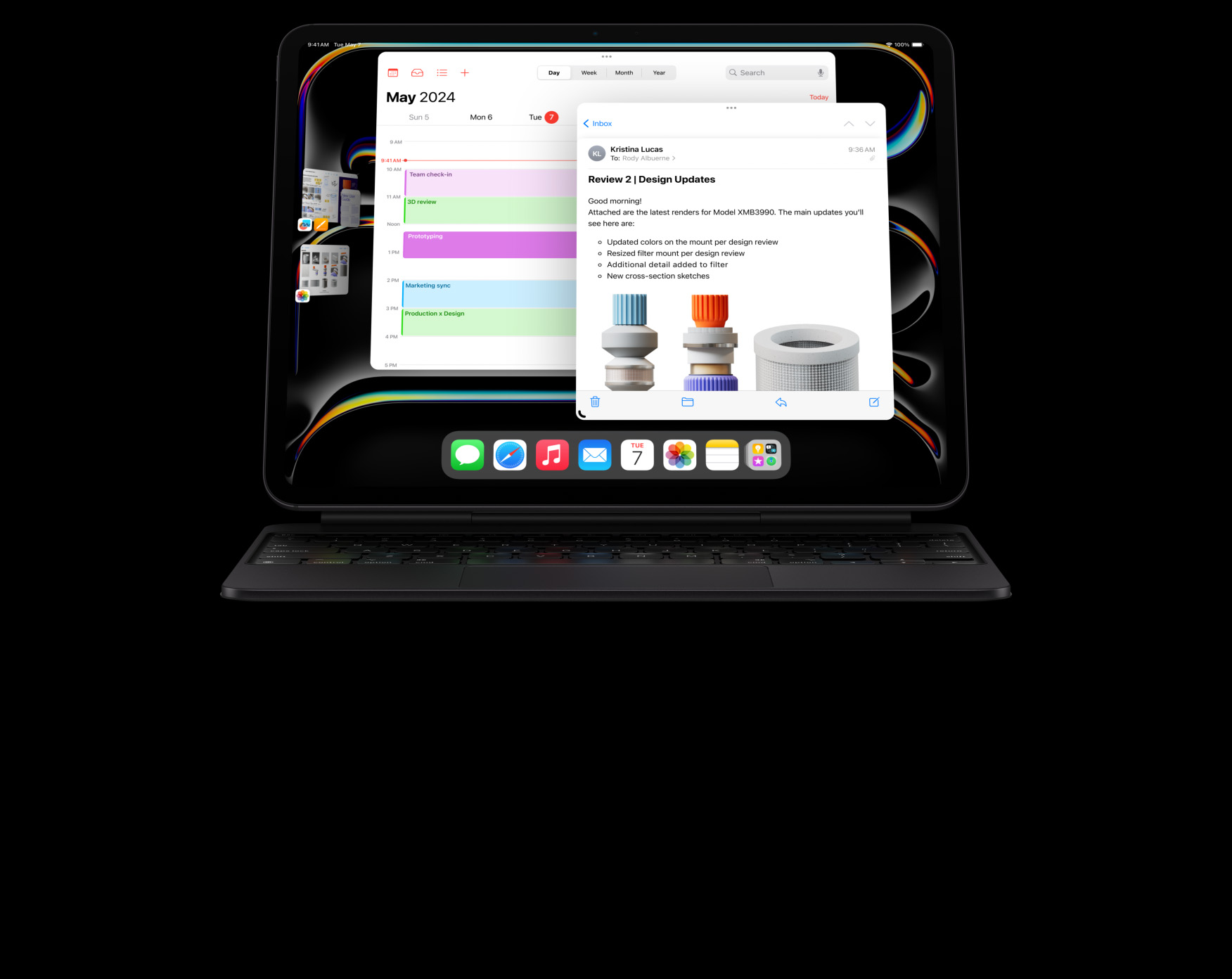 橫向放置的 iPad Pro 貼合在精妙鍵盤,使用者開啟了多個 app,同時進行多項不同工作。