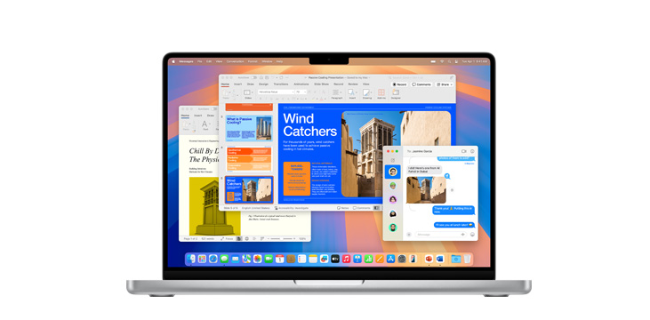 在 MacBook Pro M4 展示 Microsoft PowerPoint 和訊息等 app。