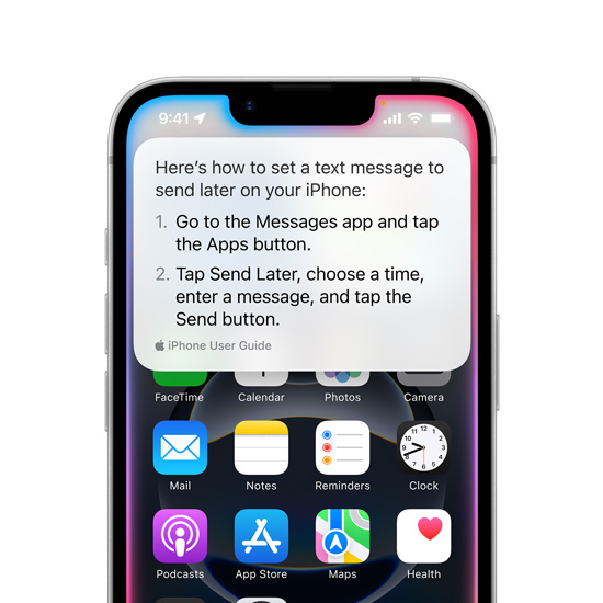 iPhone 16e prikazuje obavijest od Siri s uputama kako postaviti tekstualnu poruku da se pošalje kasnije.