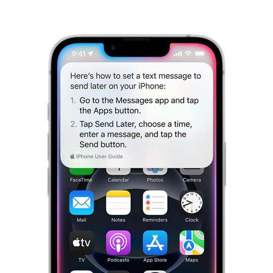 Egy iPhone 16e-n Siri felugró szövegablakban jeleníti meg, hogyan kell későbbre időzíteni egy szöveges üzenet elküldését.
