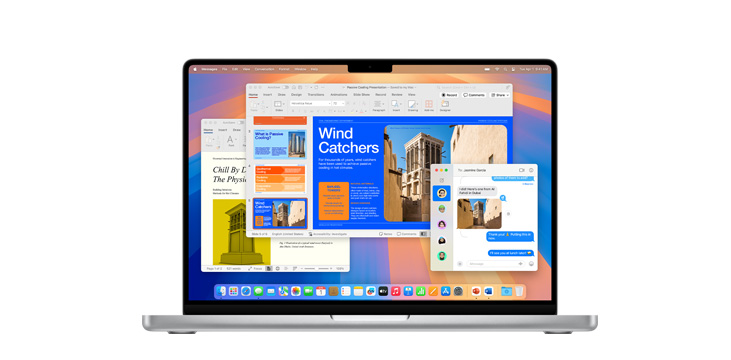 Olyan appok bemutatása M4 chipes MacBook Prón, mint a Microsoft PowerPoint és az Üzenetek.