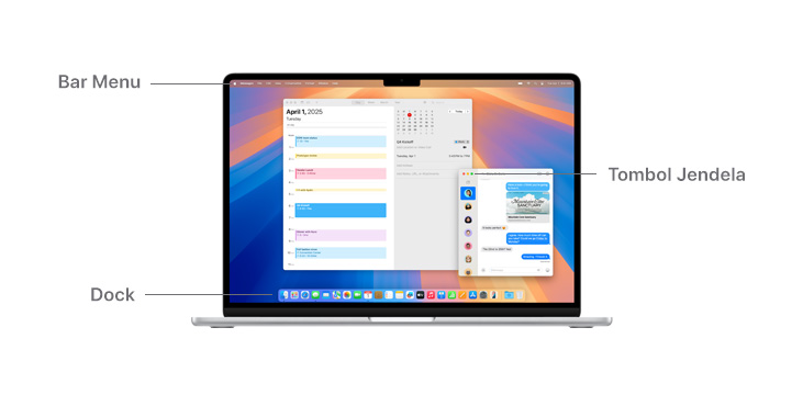 Tur navigasi macOS, seperti Bar Menu di bagian atas layar monitor perangkat MacBook, Tombol Jendela, dan Dock.