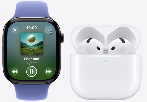 Apple Watch Series 10 memutar lagu di samping AirPods 4.