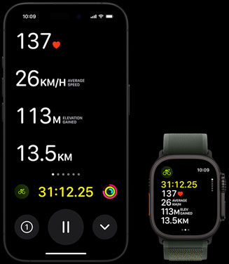 Live Activity showing a personʼs biking metrics on both their Apple Watch Ultra 2 and their iPhone.