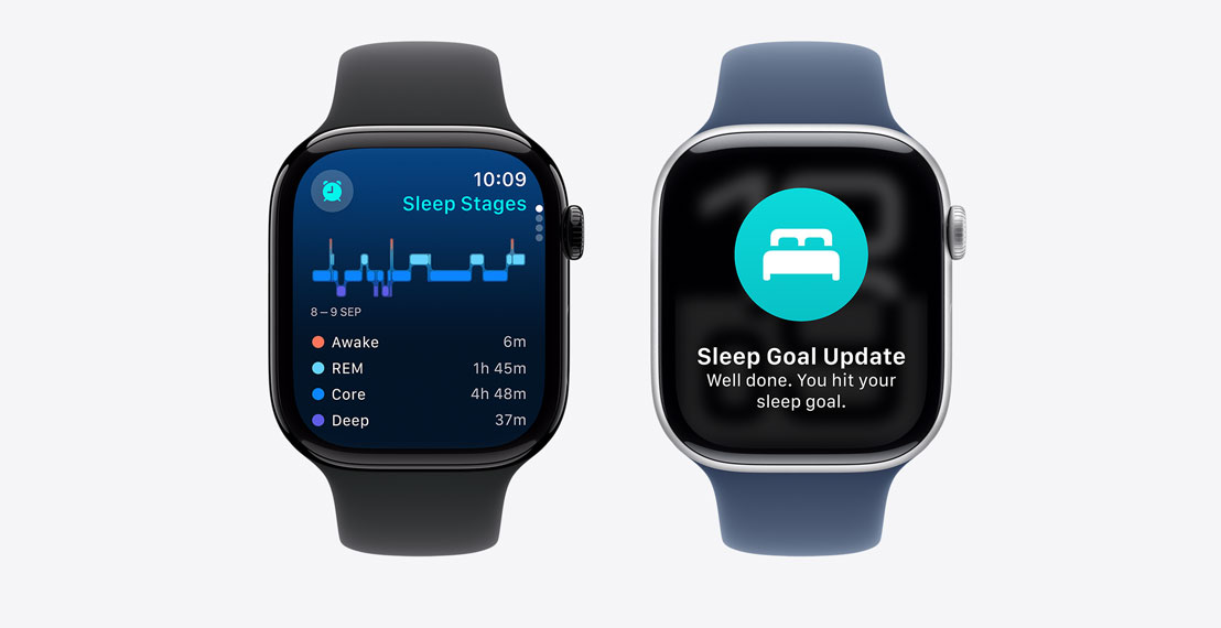 Two Apple Watch Series 10. The first shows Sleep Stages data. The second shows a Possible Sleep Apnea notification.