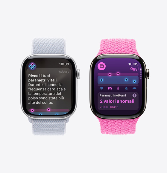 Un Apple Watch Series 10 che mostra sul display una notifica che invita a controllare i parametri vitali e un Apple Watch Series 10 con l’app Parametri vitali che segnala due anomalie.
