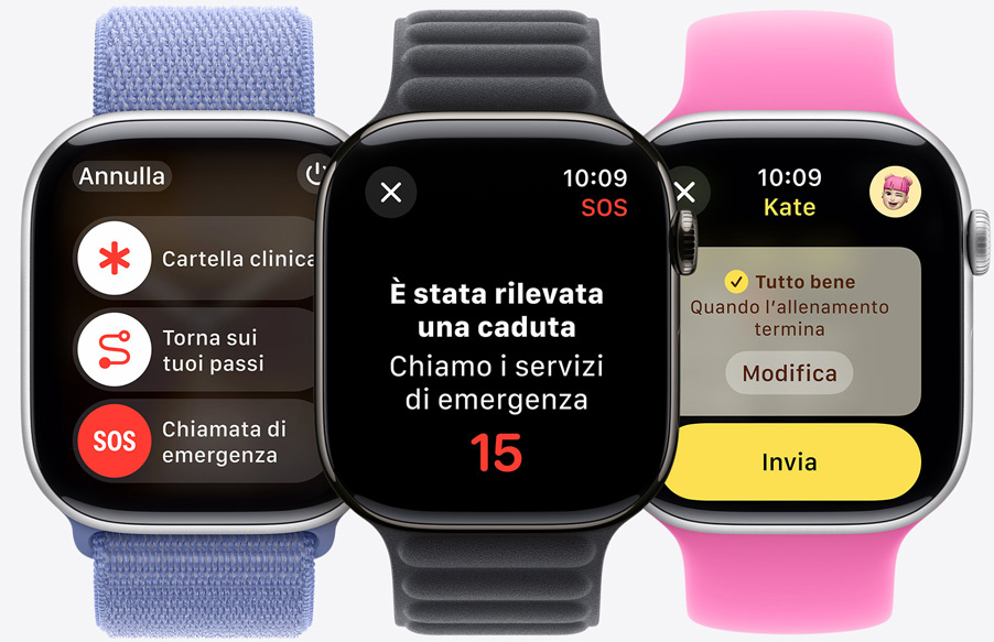 Un Apple Watch Series 10 che mostra sul display i cursori per attivare le opzioni Chiamata di emergenza, Cartella clinica e Torna sui tuoi passi. Un Apple Watch Series 10 che mostra sul display una notifica che avvisa che è stata rilevata una caduta. Un Apple Watch Series 10 che mostra sul display una notifica “Tutto bene” pronta per essere inviata.