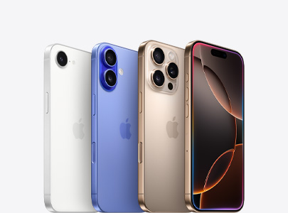 ホワイトのiPhone 16e、ウルトラマリンのiPhone 16、デザートチタニウムのiPhone 16 Pro、正面を向いたiPhoneの画面