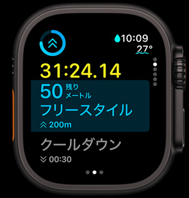 自由形のスイミングの残りの距離を表示している「次はこちら」の画面
