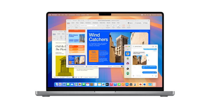 M4搭載MacBook Pro上で、Microsoft PowerPointやメッセージアプリなどを操作している様子