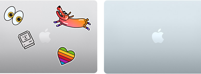 닫혀 있는 실버 색상 Mac 노트북과 스카이 블루 색상 MacBook Air. 실버 색상 기기에는 여러 스티커가 붙어 있고, 스카이 블루 색상 기기에는 스티커가 붙어 있지 않습니다.