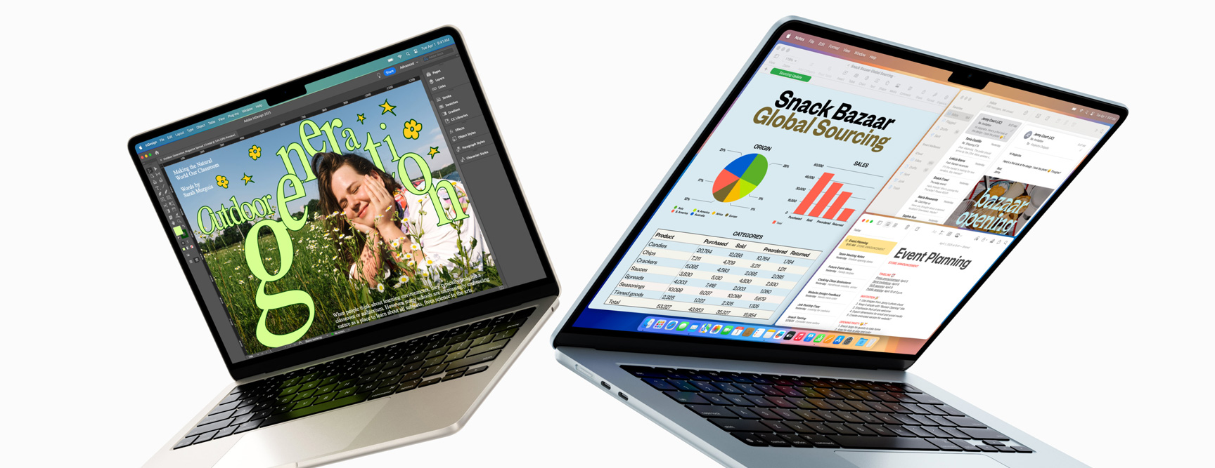 열려있는 MacBook Air 13 및 15의 모습. 한 대에는 디자인 작업을 진행 중인 화면이, 다른 한 대에는 이메일과 스프레드시트를 넘나들며 멀티태스킹을 하는 화면이 표시되어 있습니다