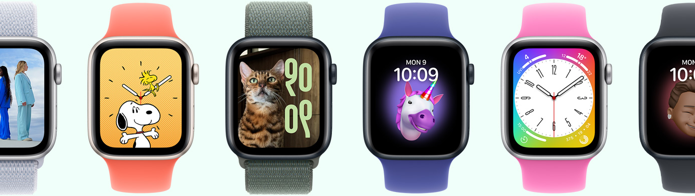 Įvairūs „Apple Watch“ įrenginiai, rodantys skirtingus laikrodžio ciferblatus