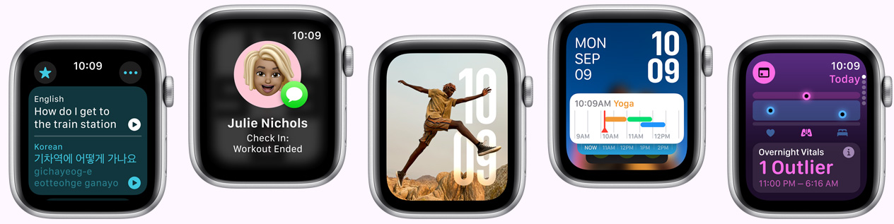 Įvairūs „Apple Watch“ įrenginiai, rodantys skirtingus laikrodžio ciferblatus