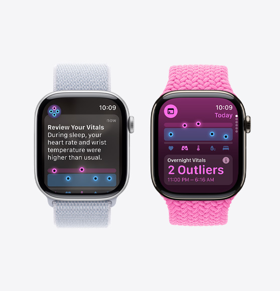 „Apple Watch Series 10“ gali peržiūrėti pranešimus apie sveikatos duomenis, o „Apple Watch Series 10“ programoje „Vitals“ matysi naktinių sveikatos duomenų apžvalgą su dviem nuokrypiais.