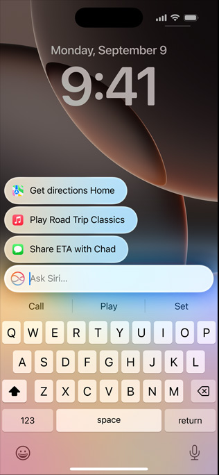 iPhone16 Pro, kurā redzama jaunā Siri un teksta ievades iespēja ar Type to Siri.