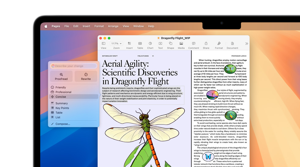 Izmantojot Apple Intelligence funkciju Writing Tools, tiek uzlabots zinātnisks dokuments par spāres lidojumu, lai tas būtu kodolīgāks