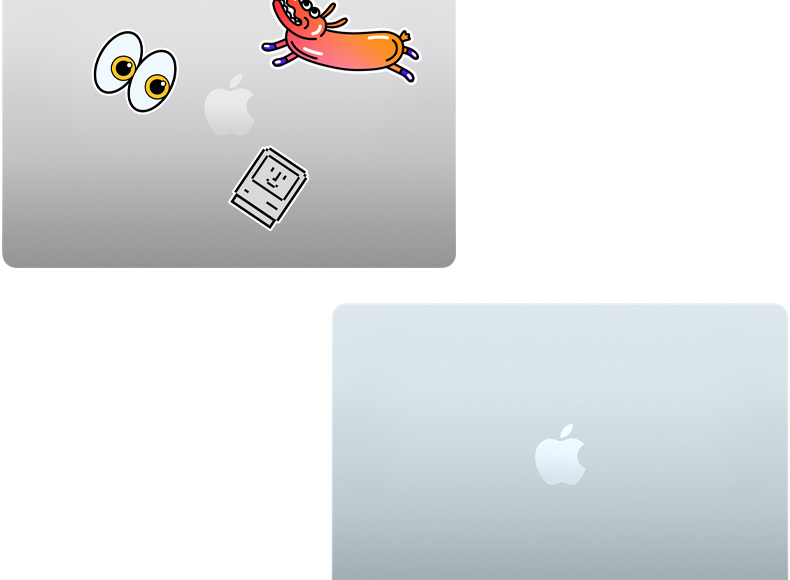 A closed silver Mac laptop covered with stickers and a closed Sky Blue MacBook Air with no stickers.