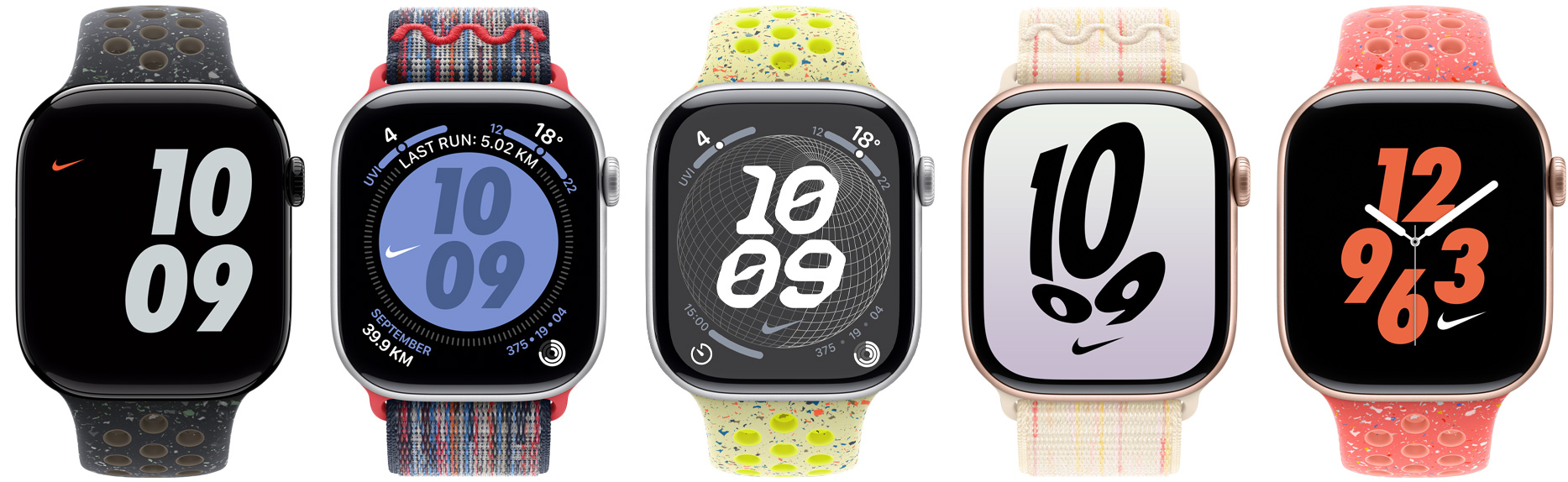 五款配上 Nike 運動錶帶及 Nike 運動手環的 Apple Watch 裝置,展示不同顏色的 Nike 錶面
