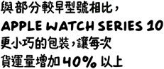 與部分前代錶款比較，APPLE WATCH SERIES 10 更小巧的包裝，讓每次貨運量增加 40% 以上。