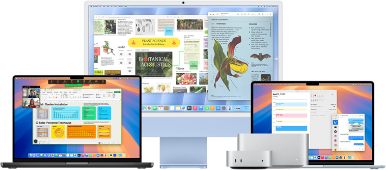 Mac Studio、Mac mini、MacBook Pro、MacBook Air 及 iMac 放在一起面向前。