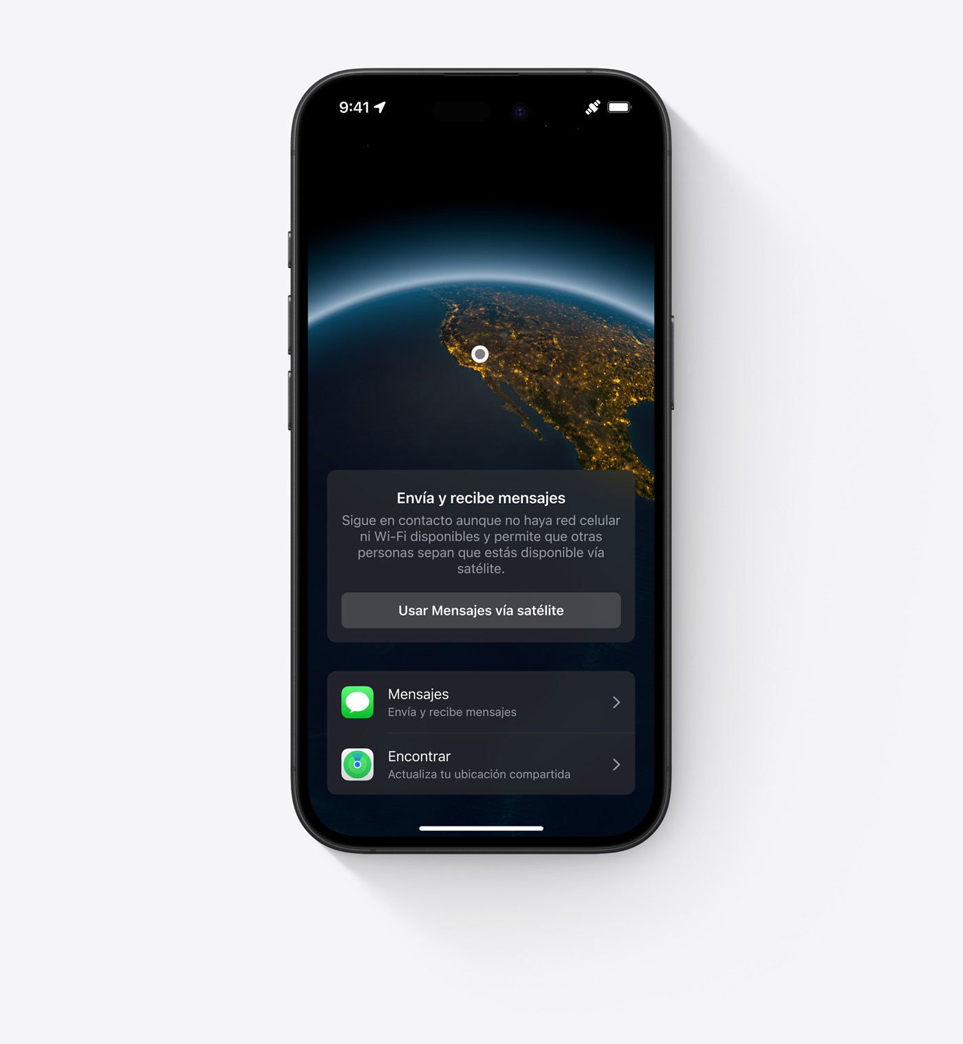 Demostración de mensajes vía satélite en un iPhone 16 negro