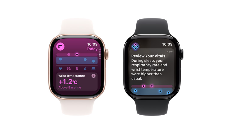 Apple Watch Series 10, white Sport Band, UI reads Vitals, Wrist Temperature, next to it is a second Apple Watch Series 10, black Sport Band, UI reads Vitals, Wrist Temperature, Heart Rate, Analysis