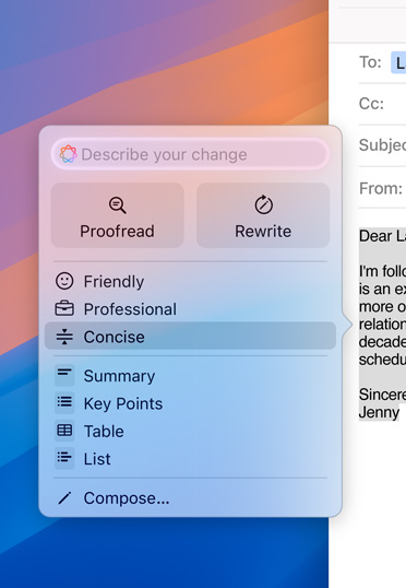 Mac desktop with an email draft featuring an Apple Inteligence prompt. The option to make the email more concise is selected.