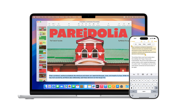 MacBook Air i iPhone obok siebie. Tekst jest kopiowany z apki Notatki na iPhonie i wklejany na MacBooku Air.